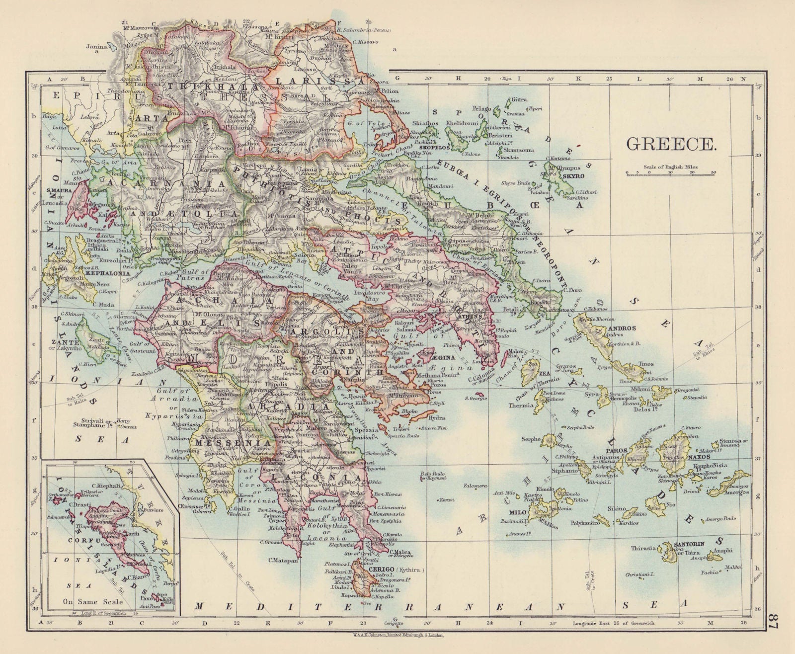 GREECE. Morea Thessaly Rumelia Cyclades Aegean Ionian Islands. JOHNSTON 1901 map